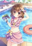  1girl arm_up blush bracelet breasts brown_eyes brown_hair cleavage collarbone foot_out_of_frame hair_ornament hairclip highres jewelry kouta. midriff navel original outdoors pool scrunchie short_hair small_breasts solo sunlight swimsuit swimsuit_skirt thighhighs water water_gun wrist_scrunchie 