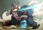  all_fours anthro blood bodily_fluids canid canine canis domestic_dog fur gore grey_body grey_fur katana male mammal melee_weapon mn02 moritaka severed_arm sword sword_in_mouth tokyo_afterschool_summoners video_games weapon wounded 