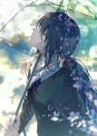 1boy bangs black_hair black_sweater blue_neckwear blurry blurry_background closed_mouth eyebrows_visible_through_hair eyes_visible_through_hair fate/grand_order fate_(series) green_eyes hair_between_eyes highres holding holding_umbrella long_hair long_sleeves looking_up low_ponytail male_focus necktie petals rrr_(reason) solo sweater twitter_username umbrella upper_body watermark weibo_username yan_qing_(fate/grand_order) 