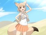  1girl :d absurdres animal_ears arm_up bare_arms blonde_hair blue_sky brown_eyes cloud cowboy_shot day desert extra_ears fox_ears fox_girl fox_tail hand_on_hip highres jacket jacket_on_shoulders kemono_friends large_tail looking_at_viewer open_mouth orange_skirt outdoors pale_fox_(kemono_friends) pleated_skirt shiraha_maru shirt short_hair skirt sky sleeveless sleeveless_shirt smile solo sunlight tail tied_jacket twitter_username wristband 