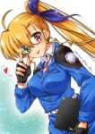  1girl :p adjusting_eyewear ahoge bespectacled black_gloves blonde_hair blue_jacket breasts commentary_request dated dutch_angle fingerless_gloves glasses gloves green_eyes hair_ribbon heterochromia holding holding_notebook jacket large_breasts long_hair looking_at_viewer lyrical_nanoha mahou_shoujo_lyrical_nanoha_vivid notebook pink_neckwear purple_ribbon red_eyes ribbon san-pon solo tongue tongue_out tsab_naval_military_uniform twitter_username very_long_hair vivio 