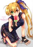  1girl black_footwear black_gloves blonde_hair breasts china_dress chinese_clothes commentary_request dated dress fingerless_gloves food gloves green_eyes hair_ribbon heterochromia highres kneeling large_breasts leaning_forward long_hair lyrical_nanoha mahou_shoujo_lyrical_nanoha_vivid older popsicle purple_dress purple_ribbon red_eyes ribbon san-pon side_ponytail side_slit solo twitter_username very_long_hair vivio 