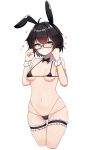  1girl 5danny1206 absurdres ahoge animal_ears bare_shoulders bikini black-framed_eyewear black_bikini black_hair blue_eyes bow bowtie breasts bunny_ears cameltoe clenched_hands closed_mouth cropped_legs detached_collar embarrassed glasses groin hands_up heart highres leg_garter looking_at_viewer micro_bikini multi-strapped_bikini navel original semi-rimless_eyewear short_hair simple_background skindentation small_breasts solo stomach string_bikini swimsuit thighs under-rim_eyewear white_background wrist_cuffs 