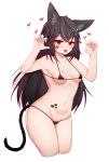  1girl 5danny1206 :o absurdres animal_ears armpits arms_up bare_shoulders bikini black_bikini black_hair blush breasts cat_ears cat_girl claw_pose cropped_legs facial_mark groin hair_ornament heart highres long_hair looking_at_viewer micro_bikini multicolored_hair navel open_mouth original red_eyes simple_background small_breasts solo stomach stomach_tattoo streaked_hair string_bikini swimsuit tattoo thighs white_background 