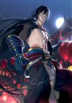  1boy abs architecture arm_wrap bangs black_hair black_pants blurry blurry_background chest chest_tattoo closed_mouth east_asian_architecture fate/grand_order fate_(series) feet_out_of_frame full_moon gauntlets green_eyes hair_between_eyes highres lantern long_hair looking_at_viewer low_ponytail male_focus moon night outdoors pagoda pants paper_lantern pectorals ponytail red_neckwear rrr_(reason) sample shirtless solo standing tattoo toned toned_male very_long_hair yan_qing_(fate/grand_order) 
