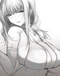  1girl armlet bangs bare_shoulders blush breasts cleavage dress dsr-50_(girls_frontline) evening_gown eyebrows_visible_through_hair girls_frontline greyscale halterneck highres jewelry kojima_(blue_stardust) large_breasts long_hair looking_to_the_side monochrome necklace parted_lips sidelocks sketch white_background 