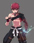 1boy applechoc avenger bandaged_arm bandages biting blood blood_on_face emiya_shirou fate/grand_order fate/hollow_ataraxia fate_(series) japanese_clothes limited/zero_over looking_at_viewer red_hair sengo_muramasa_(fate) shirtless simple_background tattoo yellow_eyes 
