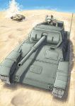  1girl anchovy_(girls_und_panzer) anzio_military_uniform black_ribbon breasts carro_armato_p40 carro_veloce_cv-33 caterpillar_tracks cloud commentary_request day desert drill_hair dust_cloud girls_und_panzer green_hair ground_vehicle hair_ribbon military military_vehicle motor_vehicle necktie red_eyes ribbon sky smile tank twin_drills twintails vent_arbre 