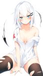  1girl bangs between_legs black_legwear blue_eyes blush breasts cleavage closed_mouth collarbone hair_ornament hairclip hand_between_legs looking_at_viewer medium_breasts nurse off_shoulder open_clothes original otokuyou red_cross ringo-chan_(otokuyou) short_hair short_sleeves silver_hair simple_background single_bare_shoulder sitting solo thighhighs torn_clothes torn_legwear 