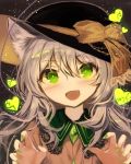  1girl alternate_hair_length alternate_hairstyle animal_ear_fluff animal_ears bangs black_headwear blush bow buttons cat_ears claw_pose collared_shirt commentary crystal dark_background eyebrows_visible_through_hair fangs fuupu glowing glowing_eyes glowing_heart green_eyes green_nails grey_hair hair_between_eyes halloween hands_up hat hat_bow head_tilt heart komeiji_koishi lace-trimmed_collar lace_trim light_smile long_hair nail_polish open_mouth ribbon shirt sidelocks silver_hair skin_fangs solo string touhou upper_body wing_collar yellow_bow yellow_ribbon yellow_shirt 