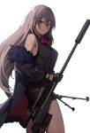  1girl bipod cero_(last2stage) cowboy_shot earbuds earphones girls_frontline goggles goggles_around_neck gun highres holding holding_gun holding_weapon jacket long_hair purple_eyes rifle scope short_shorts shorts silver_hair sniper_rifle suppressor t-cms_(girls_frontline) thighhighs truvelo_cms very_long_hair weapon 