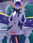  absurd_res anthro bodily_fluids duo female feral genital_fluids hand_on_hip hi_res legendary_pok&eacute;mon lunala male male/female nintendo pok&eacute;mon pok&eacute;mon_(species) precum pussy_juice rasha sex thigh_sex video_games zeamaeri 