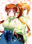  1boy 1girl arms_behind_back bare_shoulders belt black_pants blonde_hair blue_skirt blush breasts brown_belt brown_hair commentary_request cover cover_page doujin_cover embarrassed frown green_eyes green_ribbon green_shirt green_sweater hair_ribbon huge_breasts jewelry long_hair long_skirt lyrical_nanoha mahou_shoujo_lyrical_nanoha_strikers necklace pants ponytail purple_eyes raising_heart ribbed_sweater ribbon shirt skirt sleeveless_sweater smile sweater takamachi_nanoha toax2017 turtleneck turtleneck_sweater very_long_hair yuuno_scrya 