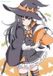  1girl animal_ears asashio_(kantai_collection) bat black_cape black_hair black_headwear blue_eyes cape cat_ears cat_tail contrapposto cowboy_shot dress frilled_dress frills gloves hat highres jack-o&#039;-lantern kantai_collection long_hair long_sleeves one_eye_closed panikuru_yuuto pinafore_dress searchlight shirt smile solo standing striped striped_legwear tail thighhighs twitter_username wand white_gloves white_shirt witch_hat 