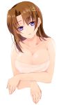  1girl bare_shoulders blue_eyes breasts brown_hair cleavage collarbone commentary_request eyebrows_visible_through_hair hair_ornament hairclip head_tilt highres huge_breasts looking_at_viewer lyrical_nanoha mahou_senki_lyrical_nanoha_force medium_hair naked_towel solo toax2017 towel upper_body white_background x_hair_ornament yagami_hayate 