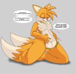  abdominal_bulge absurd_res anthro belly burping canid canine digestion digestion_noises english_text fox foxynoms fur hi_res male male_pred mammal miles_prower navel nude orange_body orange_fur solo sonic_the_hedgehog_(series) speech_bubble text vore 