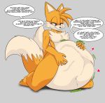  abdominal_bulge absurd_res after_vore anthro belly big_belly blush canid canine digestion digestion_noises english_text fox foxynoms fur hi_res male male_pred mammal miles_prower nude orange_body orange_fur solo sonic_the_hedgehog_(series) speech_bubble text vore 
