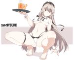  1girl azur_lane bangs barefoot bikini breasts character_name cup detached_sleeves eyebrows_visible_through_hair highleg highleg_bikini holding holding_tray large_breasts light_brown_hair long_hair maid_bikini maid_headdress mole mole_under_eye mole_under_mouth pitcher red_eyes shadow simple_background solo souji squatting swiftsure_(azur_lane) swiftsure_(midsummer_special_service)_(azur_lane) swimsuit tray two-tone_background white_bikini wrist_cuffs 