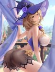  1girl ass back balcony bangs blue_sky blush breasts chihunhentai covered_nipples curtains flower genshin_impact green_eyes hat hat_belt hat_flower highres large_breasts light_brown_hair lisa_(genshin_impact) long_hair looking_at_viewer looking_back mage purple_flower purple_headwear sky smile thighs witch_hat 