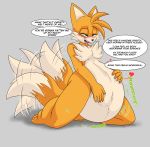  abdominal_bulge absurd_res after_vore anthro belly big_belly blush canid canine digestion digestion_noises english_text fox foxynoms fur hi_res looking_pleasured male mammal miles_prower nude orange_body orange_fur solo sonic_the_hedgehog_(series) speech_bubble text tongue tongue_out vore 