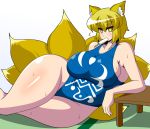  akasode_(tyaramu) animal_humanoid arm_support big_breasts biped blonde_hair blush bodily_fluids breasts canid canid_humanoid canine canine_humanoid clothed clothing curvy_figure dipstick_tail eating female food food_in_mouth fox_humanoid front_view fur glistening glistening_body glistening_hair glistening_skin hair huge_breasts humanoid humanoid_hands inner_ear_fluff light_skin looking_at_viewer lying mammal mammal_humanoid monotone_hair mouth_hold multi_tail multicolored_tail object_in_mouth on_ground on_side one-piece_swimsuit popsicle ran_yakumo short_hair side_boob simple_background solo sweat swimwear thick_thighs tight_clothing touhou tuft video_games voluptuous white_background wide_hips yellow_body yellow_eyes yellow_fur 