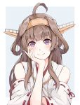  1girl ahoge brown_hair chin_rest dairyo3 detached_sleeves double_bun hairband hand_on_own_cheek headgear highres japanese_clothes kantai_collection kongou_(kantai_collection) long_hair looking_at_viewer nontraditional_miko purple_eyes remodel_(kantai_collection) ribbon-trimmed_sleeves ribbon_trim smile solo upper_body 
