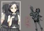  2girls absurdres back-to-back black_hair black_skirt black_vest commentary_request cowboy_shot dress_shirt grey_background hair_ornament hairclip hand_on_own_chest highres kantai_collection kuroshio_(kantai_collection) long_hair machinery multiple_girls oyashio_(kantai_collection) pleated_skirt school_uniform shirt short_hair skirt smile solo_focus translation_request uni_(uni-strain) vest white_shirt yellow_eyes 