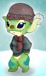  2013 alien bonnie_(lilo_and_stitch) boonieboo0 breasts brown_nose clothing cute_fangs disney experiment_(lilo_and_stitch) eyebrows eyelashes fangs female fur green_body green_fur green_markings hat headgear headwear hi_res lilo_and_stitch markings scarf semi-anthro snow snowing solo standing tan_body tan_fur winter 