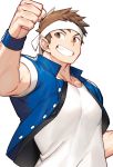  1boy bara blue_jacket brown_eyes brown_hair chest clenched_teeth gondom headband jacket male_focus muscle shirt short_hair short_sleeves sideburns solo teeth the_king_of_fighters upper_body white_background white_shirt yabuki_shingo 