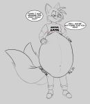  abdominal_bulge anthro canid canine clothing digestion digestion_noises english_text fox foxynoms hi_res male male_pred mammal miles_prower monochrome navel shirt sketch solo sonic_the_hedgehog_(series) speech_bubble t-shirt text topwear vore 