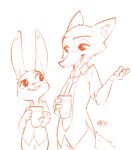  2017 alec8ter anthro bottomwear buckteeth canid canine clothed clothing cup disney duo female fox fully_clothed fur hi_res holding_cup holding_object judy_hopps lagomorph leporid looking_at_another male mammal monochrome necktie nick_wilde open_mouth open_smile orange_and_white pants rabbit red_fox shirt simple_background smile teeth topwear white_background zootopia 