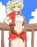  1girl bandages blonde_hair blue_eyes breasts chrono_cross cleavage closed_mouth facial_mark gloves high_ponytail jewelry kid_(chrono_cross) long_hair looking_at_viewer midriff multi-tied_hair navel necklace panties ponytail s-a-murai skirt smile solo underwear vest 
