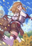  1girl bag bell_tower belt boots brown_footwear brown_gloves brown_hair brown_shorts cloud day feet_out_of_frame flower gloves green_eyes janoukyo19 looking_back medium_hair midriff original outdoors petals red_belt short_sleeves shorts sky solo thighhighs white_legwear 