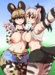  2girls aardwolf_(kemono_friends) aardwolf_ears aardwolf_girl aardwolf_print aardwolf_tail african_wild_dog_(kemono_friends) african_wild_dog_print alternate_breast_size animal_ear_fluff animal_ears animal_print areolae arm_around_back armpits ass asymmetrical_docking back bangs black_hair black_neckwear black_shorts blue_shorts blush breast_press breasts breasts_apart brown_hair closed_mouth collarbone collared_shirt crotch_seam cutoffs denim denim_shorts dog_ears dog_girl dog_tail elbow_gloves embarrassed extra_ears eyebrows_visible_through_hair foreshortening furrowed_eyebrows gloves grey_hair hair_between_eyes hand_on_another&#039;s_hand hand_up hands_together high_ponytail highres isuna kemono_friends large_breasts legwear_under_shorts light_brown_hair long_hair long_sleeves looking_at_viewer looking_back medium_hair multicolored_hair multiple_girls navel necktie nipples no_bra one_eye_closed open_clothes open_fly open_mouth open_shirt open_shorts outstretched_arm pantyhose parted_bangs pocket ponytail print_gloves print_legwear print_shirt self_shot shiny shiny_skin shirt shirt_lift short_shorts shorts silver_eyes sleeveless sleeveless_shirt smile stomach tail thigh_gap twisted_torso two-tone_hair unaligned_breasts undershirt unzipped v wavy_mouth white_shirt wing_collar zipper 