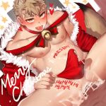  2boys abs anal animal_ear_fluff animal_ears bar_censor bara bare_chest blonde_hair bulge censored chest christmas cum cum_in_clothes cum_through_clothes dark_skin dark_skinned_male dog_boy dog_ears dog_tail gondom highres male_focus multiple_boys muscle navel navel_hair nipples original pov santa_costume sex short_hair sideburns spiked_hair spread_legs stomach_bulge tail thick_thighs thighs tongue tongue_out yellow_eyes 