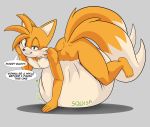  abdominal_bulge anthro canid canine digestion digestion_noises fox foxynoms hi_res looking_at_viewer male mammal miles_prower nude solo sonic_the_hedgehog_(series) speech_bubble vore 