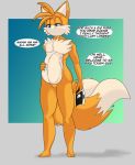  abdominal_bulge anthro belly canid canine english_text fox foxynoms fur hand_on_stomach hi_res male mammal miles_prower nude orange_body orange_fur smug solo sonic_the_hedgehog_(series) speech_bubble text vore 