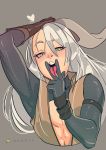 1boy absurdres anarts animal_ears bunny_ears cunnilingus_gesture highres original otoko_no_ko provocation sexually_suggestive shenev_frel tongue tongue_out viera white_hair 