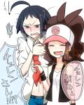  1boy 1girl ahoge baseball_cap black_hair black_vest black_wristband brown_hair cheren_(pokemon) closed_eyes collarbone collared_shirt commentary_request eyelashes hat hilda_(pokemon) kanade mouth_drool necktie open_mouth pants pokemon pokemon_(game) pokemon_bw pokemon_bw2 red_neckwear shirt sleeveless sleeveless_shirt teeth tongue translation_request v-shaped_eyebrows vest white_shirt wristband 