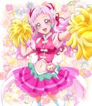  1girl :d arm_strap bangs breasts covered_nipples cowboy_shot crop_top cure_yell double_bun eyelashes floating_hair hair_ribbon hanzou highres hugtto!_precure layered_skirt long_hair looking_at_viewer medium_breasts midriff miniskirt navel open_mouth pink_eyes pink_hair pink_skirt pink_vest pleated_skirt pom_poms precure red_lips red_ribbon ribbon shiny shiny_hair skirt smile solo standing stomach thighhighs very_long_hair vest white_legwear zettai_ryouiki 