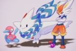  absurdres black_eyes choice_scarf cinderace closed_mouth commentary_request crossed_arms eviolite fur gen_2_pokemon gen_4_pokemon gen_8_pokemon highres life_orb light_frown no_humans pokemon pokemon_(creature) porygon2 red_eyes saiku_(zvlku) smile standing toes togekiss 