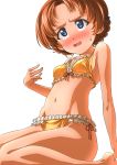  1girl absurdres arm_support bangs barefoot bikini black_bow blue_eyes bow bow_bikini braid breasts commentary_request embarrassed frilled_bikini frills girls_und_panzer hair_bow helmet_(trailblazer003) highres leaning_back light_frown looking_to_the_side navel open_mouth orange_bikini orange_hair orange_pekoe_(girls_und_panzer) parted_bangs short_hair simple_background sitting small_breasts smile solo string_bikini sweatdrop swimsuit tied_hair twin_braids underwear underwear_only wariza white_background 