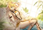  1girl bangs bed_sheet blonde_hair bodysuit breasts bridal_veil chain cleavage eyebrows_visible_through_hair fate/extra fate/extra_ccc fate/grand_order fate_(series) flower_wreath full-length_zipper green_eyes highres large_breasts lock looking_at_viewer lying nero_claudius_(bride)_(fate) nero_claudius_(fate)_(all) no_bra on_bed padlock padlocked_collar pale_skin partially_unzipped pillow plunging_neckline short_hair siete_(john4311) smile solo veil white_bodysuit white_sleeves wrist_cuffs zipper 