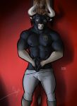  abs anthro athletic bgn biceps black_body black_fur bottomwear bovid bovine brown_hair bulge cattle clothed clothing ear_piercing eyewear flexing fur gauged_ear glasses hair hi_res horn humanoid_hands male mammal muscular muscular_anthro muscular_male nipples pecs piercing pose scar sebastian_(bgn) shorts solo tail_tuft tattoo tight_clothing topless tuft 