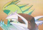  blurry claws closed_mouth commentary_request excadrill fang gen_2_pokemon gen_5_pokemon highres looking_at_another no_humans pokemon pokemon_(creature) saiku_(zvlku) tyranitar upper_body 