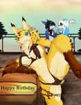  allenault alphina anthro blue_body blue_eyes blush breasts brown_body brown_fur canid canine chest_tuft clothed clothing detailed_background dialogue dragon dragoon86 english_text female finger_claws fox fur group happy_birthday hi_res holding_leg inner_ear_fluff kemono leg_markings male mammal markings meme open_mouth orange_body orange_fur outside raised_leg skimpy socks_(marking) spread_legs spreading tan_body tan_fur text tongue tuft white_body white_fur wingless_dragon wolflong_(character) 