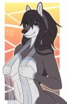  anthro big_breasts blue_eyes breasts canid canine canis covering dark_hair female flat_colors hair hi_res hip_up long_hair mammal miss_rain modest nude pouch_(anatomy) raine_kirijo scarf simple_background slightly_chubby smile smug solo translucent wide_hips wolf 