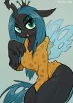  anthro black_body blue_hair claws clothing crown equid equine fangs female friendship_is_magic hair hasbro hi_res hoodie horse insect_wings looking_at_viewer mammal my_little_pony pony queen_chrysalis_(mlp) solo topwear wings zazush-una 