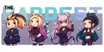  4girls ahri akali animal_ears bangs bare_shoulders belt black_choker black_hair black_legwear black_skirt blonde_hair blue_eyes blush border character_request chibi choker commentary covered_navel cropped_legs double_bun earrings english_commentary english_text evelynn_(league_of_legends) eyebrows_visible_through_hair finger_to_chin glasses gradient_hair green_eyes green_hair green_jacket hair_between_eyes hand_on_hip heart hoop_earrings jacket jewelry k/da_(league_of_legends) kai&#039;sa league_of_legends long_hair long_sleeves looking_at_viewer midriff miniskirt multicolored_hair multiple_girls off_shoulder open_clothes open_jacket outline outside_border pants parted_lips pencil_skirt pink_hair ponytail purple_background purple_eyes purple_hair short_shorts shorts simple_background skirt sleeves_past_wrists smile sparkle streaked_hair tail the_baddest_ahri the_baddest_akali the_baddest_evelynn the_baddest_kai&#039;sa thighhighs two-tone_hair umenodo very_long_hair white_belt white_border white_outline 