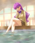  1girl bangs brown_skirt chocokin closed_mouth collared_shirt crossed_legs dress_shirt eyebrows_visible_through_hair indoors kirakira_precure_a_la_mode kotozume_yukari long_hair long_sleeves looking_at_viewer miniskirt pleated_skirt precure purple_eyes purple_hair purple_neckwear school_uniform shiny shiny_hair shirt skirt smile soaking_feet solo straight_hair very_long_hair vest white_shirt wing_collar yellow_vest 